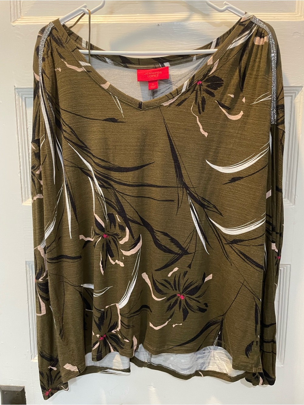 Olive V-Neck Long Sleeve Floral Top with Rhinestone Detail, Size XL